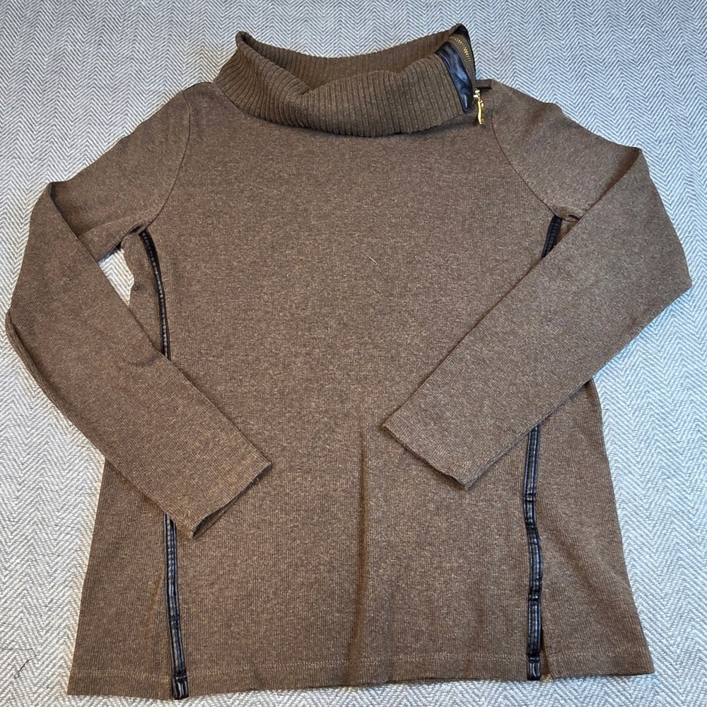 Rafaella Brown Cowl Neck Knit Top Faux Leather Trim Side Zip Small
